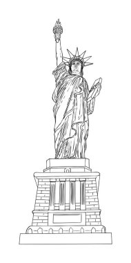 Amerikan Özgürlük Heykeli çizimi. ABD New York 'un ünlü turizm simgesi. Poster ya da el ilanları heykel illüstrasyon elemanı. Sunumlar için Amerikan sembolünün el çizimi logosu. Vektör.