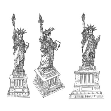 Özgürlük Heykeli el çizimi seti. ABD New York simgesi. Bağımsızlık Günü 4 Temmuz Amerikan sembolü. Özgürlüğün sembolü ve Birleşik Devletler Bağımsızlık Bildirgesi. Katmanları düzenlemek kolay. Vektör.