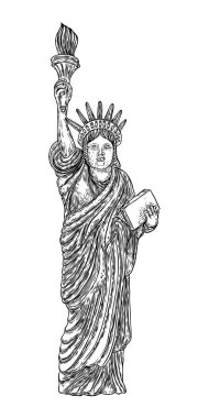 El çizim tarzında özgürlük heykeli, çizgi kuluçka vuruşu. Elle çizilmiş çizim. Amerikan ulusal sembolü, New York ve ABD'nin simgesel. Vektör.