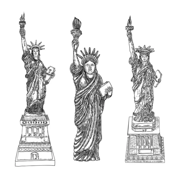 Estatua Libertad Establecer Dibujo Estados Unidos Nueva York Famoso Punto — Vector de stock