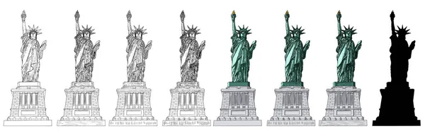 Statue Liberty Set Different Styles Illustration Various Drawings Hand Drawn — Stock Vector