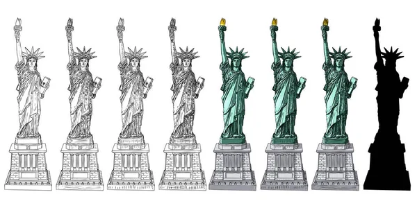 Statue Liberty Set Different Styles Illustration Various Drawings Hand Drawn — Stock Vector