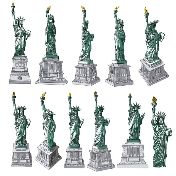 Drawing Statue Liberty Set National Posters 4Th July United States — Stock Vector