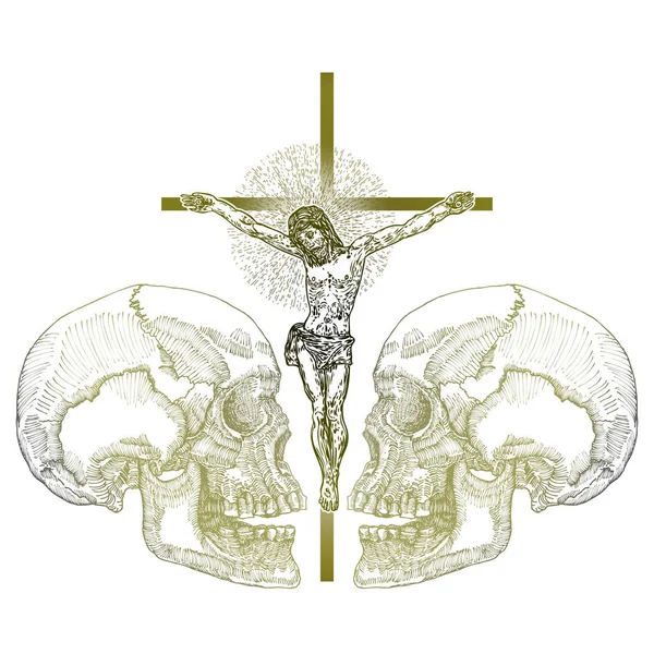 Jesus Christ Crucifixion Drawing Skulls Symbol Saint Flash Body Tattoo — Stock Vector