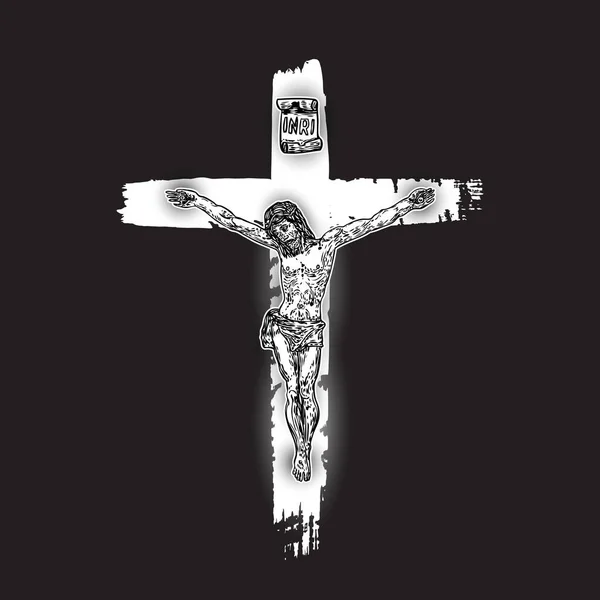 手にイエス キリストの十字架は黒い背景にインクブラシクロスを描いた フラッシュボディタトゥー キリスト教の祈りと宗教のシンボル コンセプト精神的 神聖な神聖な ベクトル — ストックベクタ