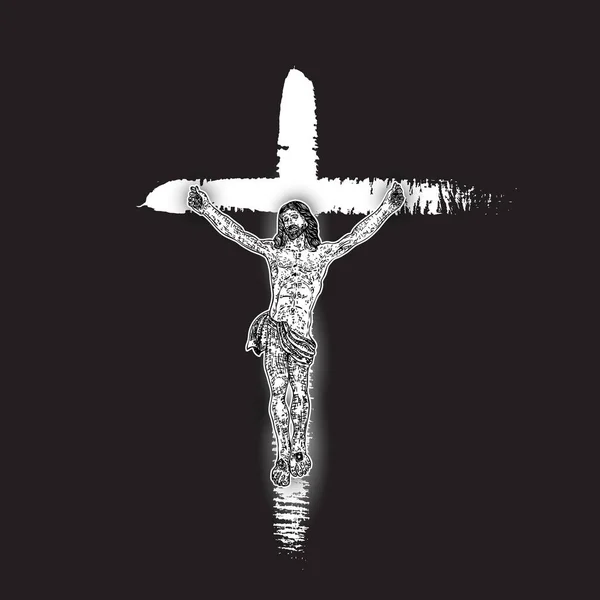 耶稣基督十字架上手绘墨刷十字架黑色背景 闪光的身体纹身 基督教的祈祷和宗教的象征 灵性和神圣的概念 — 图库矢量图片