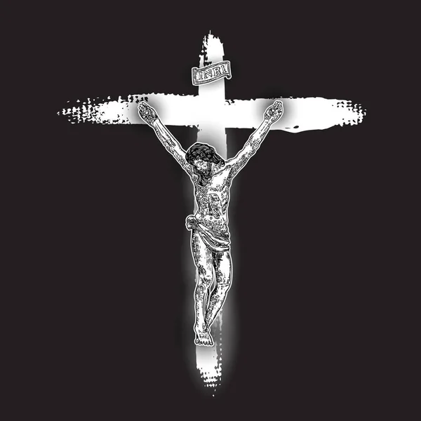 Jesus Christus Kreuzigung Auf Handgemaltem Tuschpinselkreuz Auf Schwarzem Hintergrund Blitz — Stockvektor