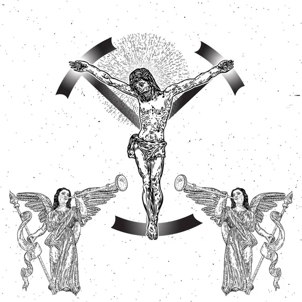 Сумно Крилаті Ангелів Біля Розп Яття Ісуса Христа Новий Вік — стоковий вектор