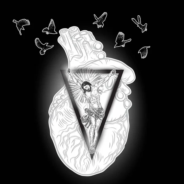 Иисус Христос Священной Геометрической Татуировке Треугольника Серебряными Лучами Фона Священным — стоковый вектор