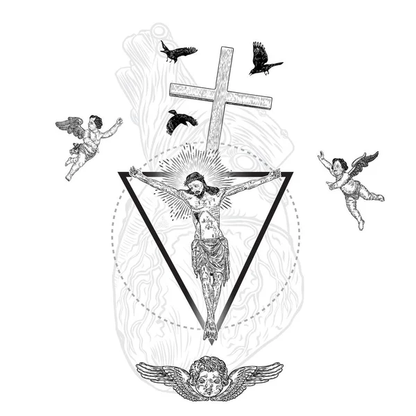Îngerii Trişti Înaripaţi Lângă Crucificarea Lui Isus Hristos Interpretarea Epocii — Vector de stoc