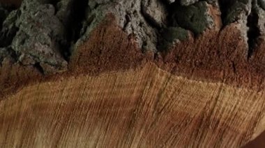 Kol lifinin yapısı ve ağaç gövdesinden kopmuş ağaç kabuğu. Yakıt olarak kullanılan bitkisel kütle materyali. Gerçek ahşap haç kesiminin fiber ve mantar dokusunun yakın görüntüsü. Organik arkaplan.