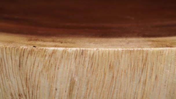 Torno de madeira seca tratada com anéis de idade girando lentamente. Superfície de corte de seção transversal de árvore de madeira. Círculo de madeira árvore tronco tronco fundo de lado. — Vídeo de Stock