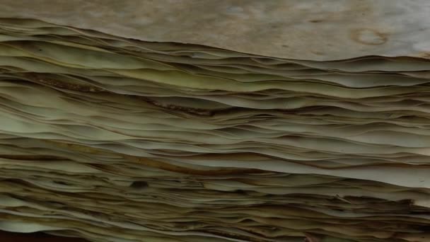 Edukacja kaligraficzna i koncepcja szkoły. Starożytne papiery pergaminowe na drewnianym stole, stare spalone teksturowane zapasy papieru. Papier do pisania i tworzenia książek. — Wideo stockowe