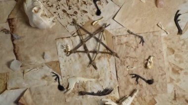 Yaşlı cadının kitabı boş sayfalarda pentagram ve cadılık objeleri var. Keçi kafatası, çene kemikleri ve sihirli kristalle ayak parmakları. Büyülenmiş büyü kitabı yıpranmış sayfalar üst görünüm.