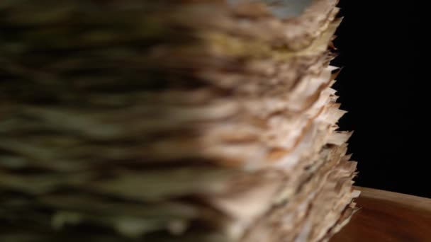 Yellow grunge ancient parchment paper selective focus shift. Old textured paper. Old witch book empty pages. Paper for calligraphy memoir records and book making. Medieval manuscripts pages. — Stock Video