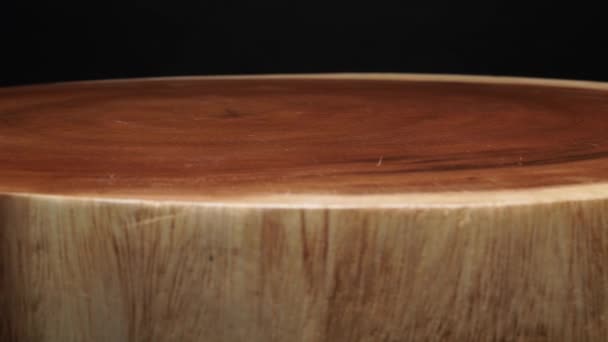 Old Ash árvore anéis textura close up. Foco seletivo. Círculo de madeira tronco toco fundo de cima. Serra seção transversal corte árvore madeira tronco rotação. — Vídeo de Stock