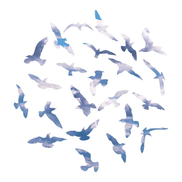 白い背景に飛ぶ鳥のカモメの水の色のシルエット インスピレーションを受けた体のフラッシュタトゥーは 海の鳥のインク ベクトル — ストックベクタ