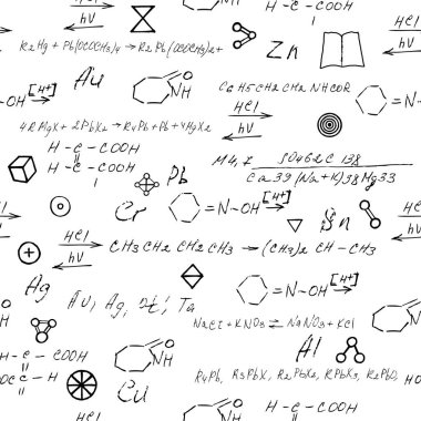 Çeşitli formüller, moleküller, yapılar ve diyagramların el yazısıyla kusursuz bir kimya örneği. Atom geometrisi. Üniversite dersleri. Eski Alchemy olarak bilimsel çalışmalar. Vektör.