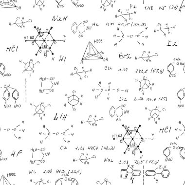 Çeşitli formüller, moleküller, yapılar ve diyagramların el yazısıyla kusursuz bir kimya örneği. Atom geometrisi. Üniversite dersleri. Eski Alchemy olarak bilimsel çalışmalar. Vektör.
