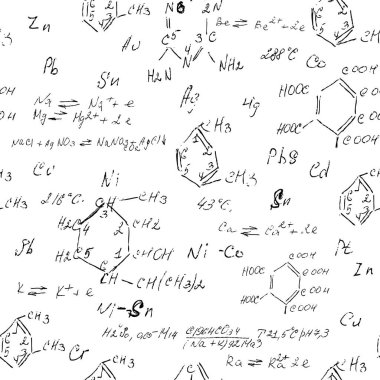 Çeşitli formüller, moleküller, yapılar ve diyagramların el yazısıyla kusursuz bir kimya örneği. Atom geometrisi. Üniversite dersleri. Eski Alchemy olarak bilimsel çalışmalar. Vektör.