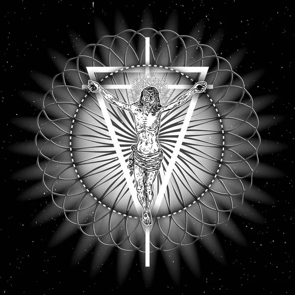 Jesus Christ Crucifixion Space Sacred Geometric Cross Triangle Circles Mandalas — Stock Vector