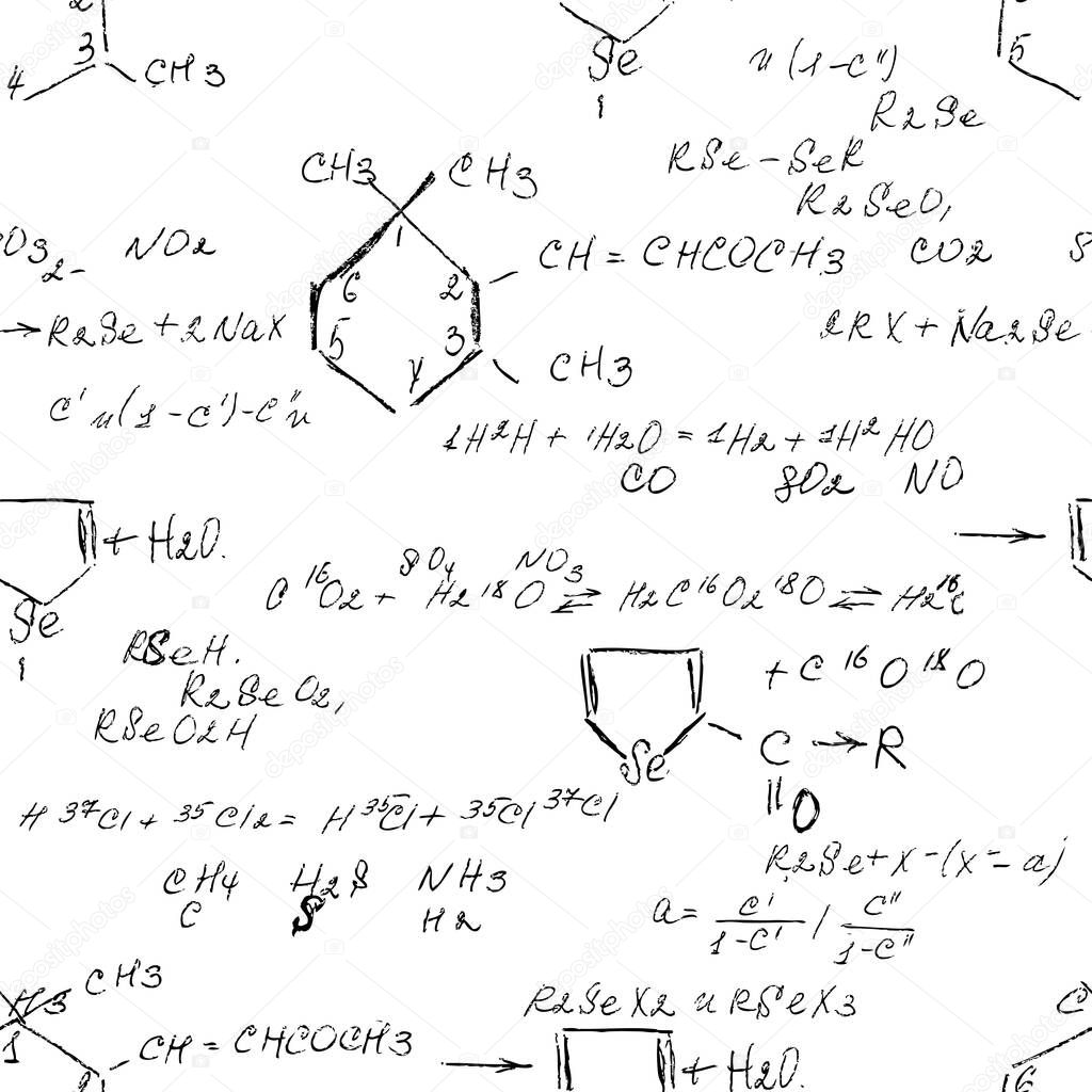 Chemistry seamless pattern with handwriting of various formulas and molecules structures and diagrams. Atom geometry. College lectures. Scientific study as former Alchemy. Vector.