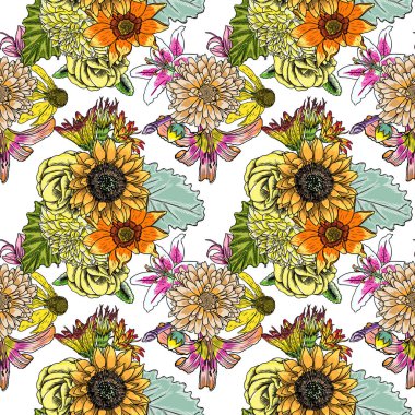 Çeşitli çiçekler: Gül, yıldız çiçeği, ebegümeci yaprakları ve ayçiçeği ile stilize Dikişsiz desen arka plan. Elle çizilmiş vektör.