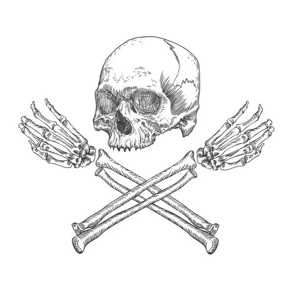 Skull Crossbones Gemaakt Van Handen Met Gebaren Handgemaakte Gedetailleerde Tekening — Stockvector