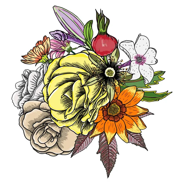 Винтажный Садовый Рисунок Весенний Букет Различными Цветами Листьями Цветущими Изолированные — стоковый вектор