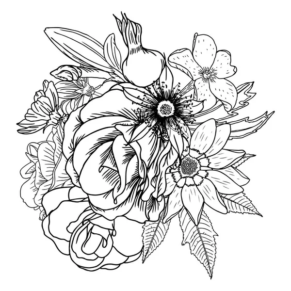 Des Fleurs Bouquet Différentes Fleurs Dessinées Main Vintage Noir Blanc — Image vectorielle