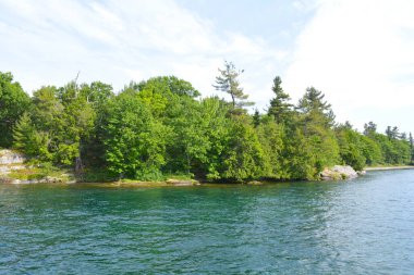 1000 adalar bölgesi. Güneşli yaz günü. Rocky Adası St. Lawrence Nehri üzerindeki çam ağaçları ile taçlandırılmıştır. Kingston, Ontario, Kanada. Filtre uygulanmamış, doğal aydınlatma. Turist yaptıkları.  
