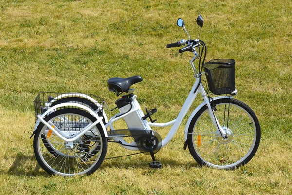 Ηλεκτρικό Τρίκυκλο Ποδήλατο Στο Πάρκο Στην Ηλιόλουστη Καλοκαιρινή Μέρα Πλάνο — Φωτογραφία Αρχείου
