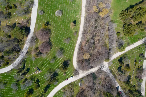 Aerial Top Very High View Modern Cemetery City Small Headstones — Fotografia de Stock
