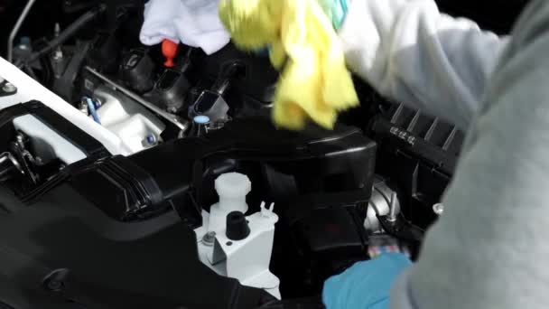 Car cleaning and car wash from road dust. Interior engine compartment detailing. Dry clean and detail with cloth. The driver is wiping an automobile under hood with a rag. Maintenance concept. — Wideo stockowe