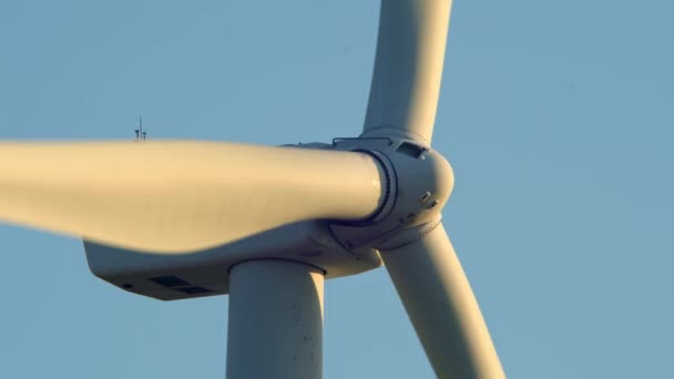 Close up shot of wind mills turbine rotating by the wind and generating renewable green energy. Closeup of a wind turbine during golden hour sunset. Energy alternative and environment ecology. — Wideo stockowe