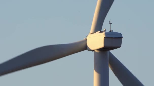 Close up shot of wind mills turbine rotating by the wind and generating renewable green energy. Closeup of a wind turbine during golden hour sunset. Energy alternative and environment ecology. — Stockvideo