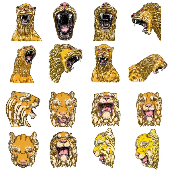 Set Tiger Faces Heads Made Stone Marble Decorative Animals Roaring — Stock Vector