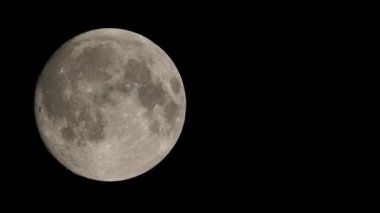 Full moon on dark black sky background, shot from surface of earth with very long telephoto lens. Grey white moon glowing at clear sky.