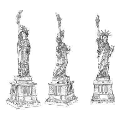 Özgürlük Heykeli el çizimi seti. ABD New York simgesi. Bağımsızlık Günü 4 Temmuz Amerikan sembolü. Özgürlüğün sembolü ve Birleşik Devletler Bağımsızlık Bildirgesi. Katmanları düzenlemek kolay. Vektör.