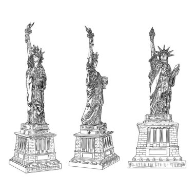 Özgürlük Heykeli el çizimi seti. ABD New York simgesi. Bağımsızlık Günü 4 Temmuz Amerikan sembolü. Özgürlüğün sembolü ve Birleşik Devletler Bağımsızlık Bildirgesi. Katmanları düzenlemek kolay. Vektör.