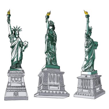 Ulusal posterler için sette Özgürlük Anıtı Çizim 4 Temmuz Amerika Birleşik Devletleri Bağımsızlık Bildirgesi gün ve Anma Günü 27 Mayıs ve Gaziler Günü 11 Kasım gibi etkinlikler. Vektör