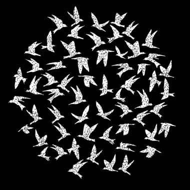 Dokulu noktalarla siluet siyah hava ilham verici vücut flash dövme mürekkebi beyaz kuşlar sürü izole. Vektör.