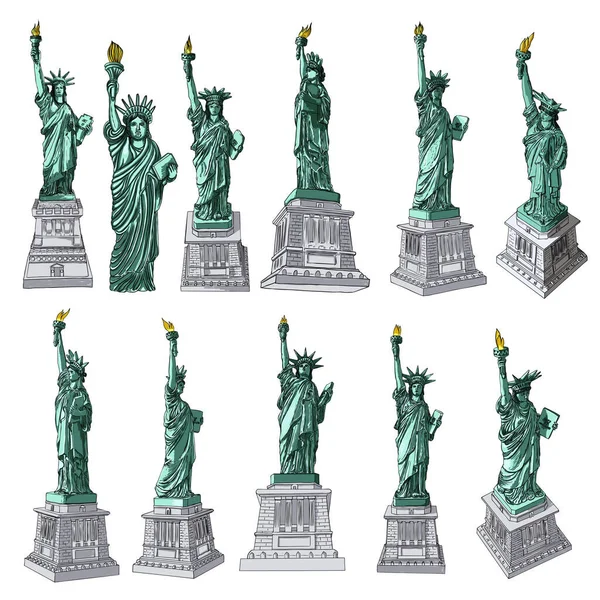 Statue Liberty Set Drawings Color Usa New York City Famous — Stock Vector