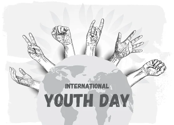 Conception Journée Internationale Jeunesse Août Ink Line Art Avec Espace — Image vectorielle