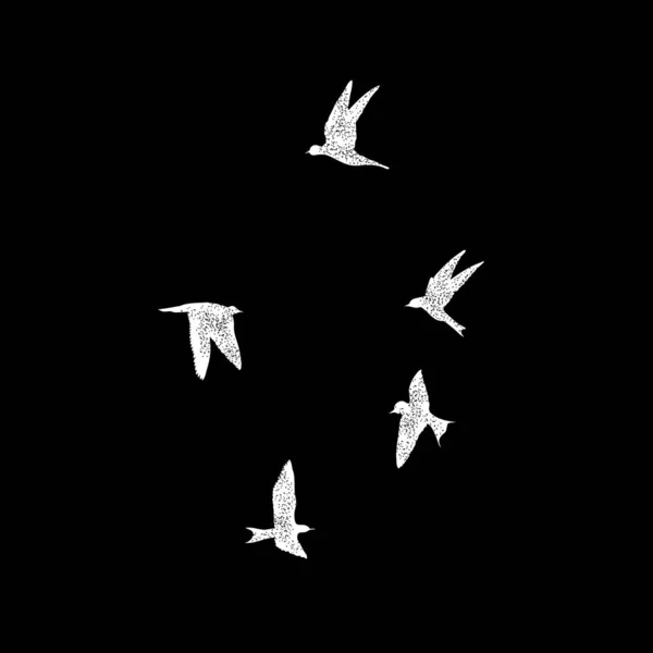Silueta Puntada Texturizada Aislada Aves Blancas Que Congregan Aire Negro — Vector de stock