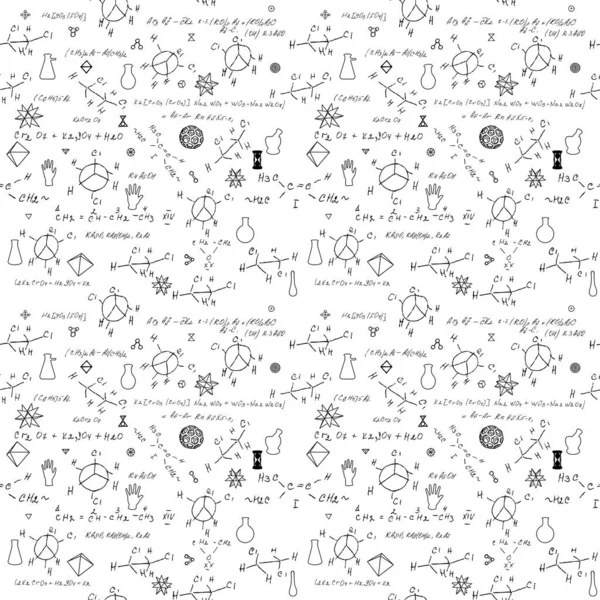 Patrón Sin Costura Química Con Escritura Mano Varias Fórmulas Moléculas — Vector de stock