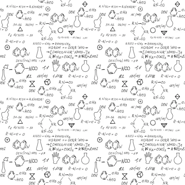 Scheikunde Naadloos Patroon Met Handschrift Van Verschillende Formules Moleculen Structuren — Stockvector