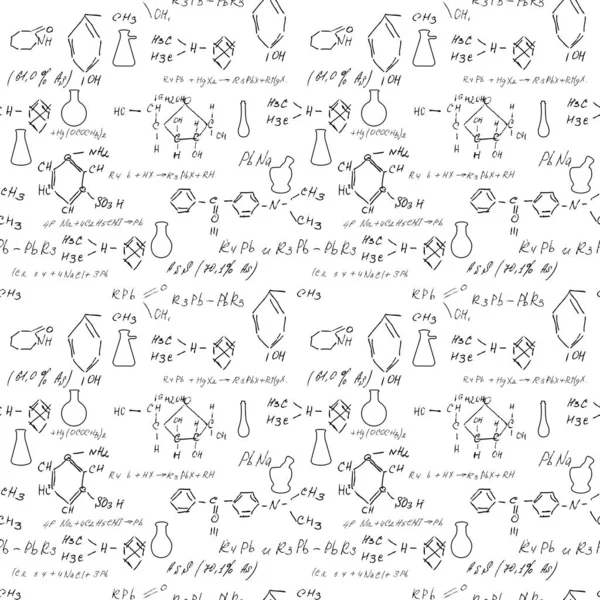 Scheikunde Naadloos Patroon Met Handschrift Van Verschillende Formules Moleculen Structuren — Stockvector