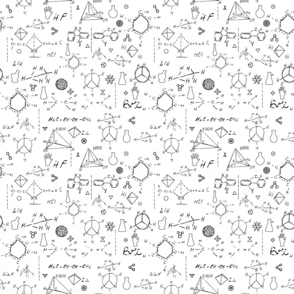 Scheikunde Naadloos Patroon Met Handschrift Van Verschillende Formules Moleculen Structuren — Stockvector