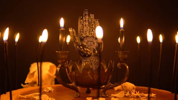 Des Attributs Magiques Occultes Sur Table Des Symboles Magiques Païens — Photo